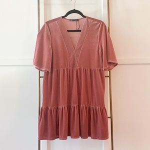 ZARA Fall Short Velvet Effect Babydoll Dress Rose XS